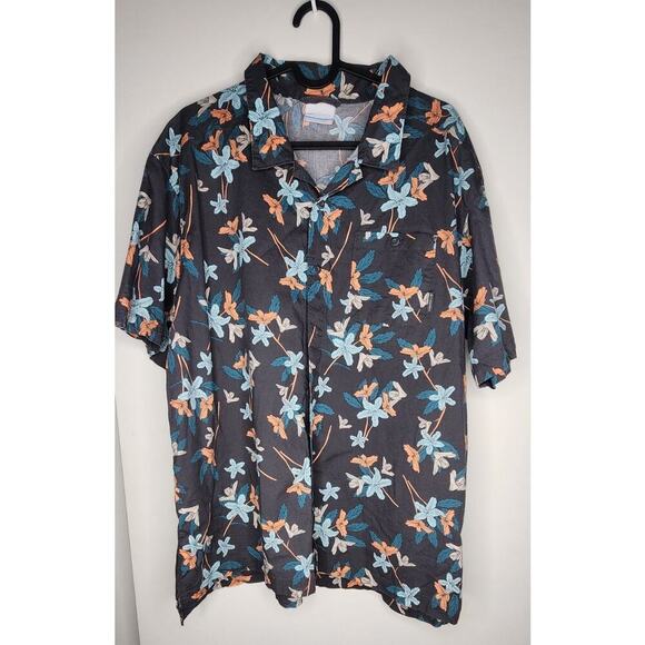 Columbia Hawaiian Button-Up Shirt Black Floral Mens Sz Large Spring AOP Vacation - Picture 1 of 4